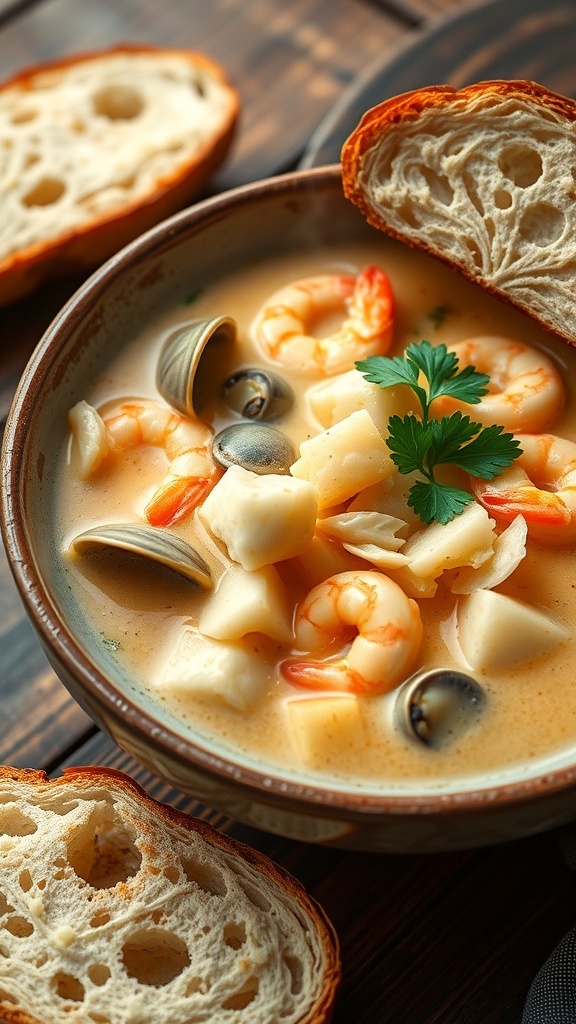 A bowl of creamy seafood chowder with shrimp, clams, and fish, garnished with parsley, on a wooden table with bread.